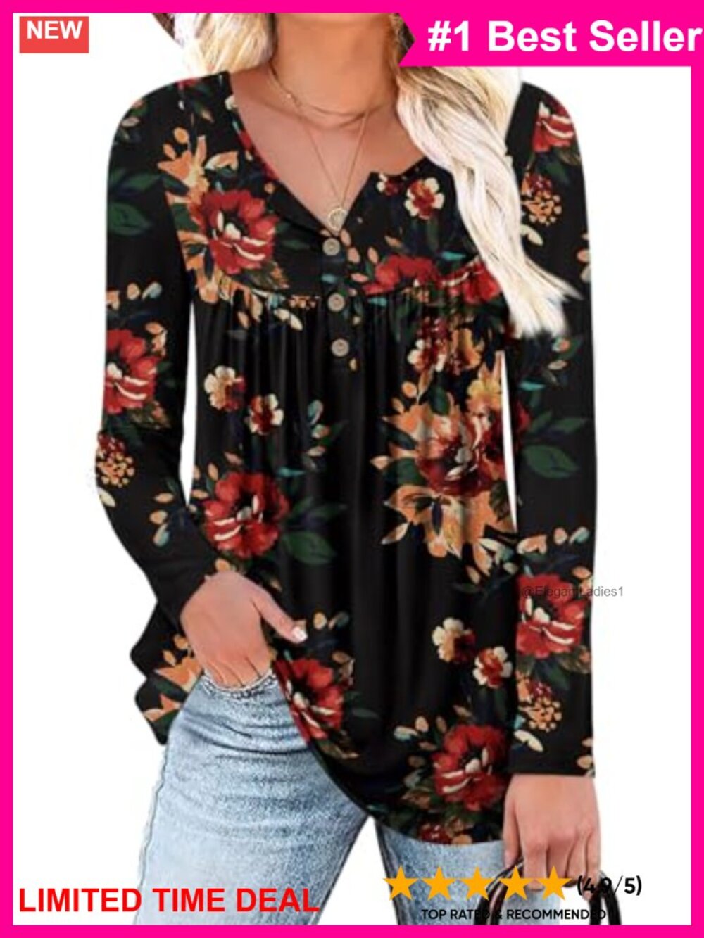 Womens Tunic Top Long Sleeve Henley Peasant Blouse Rayon Spandex